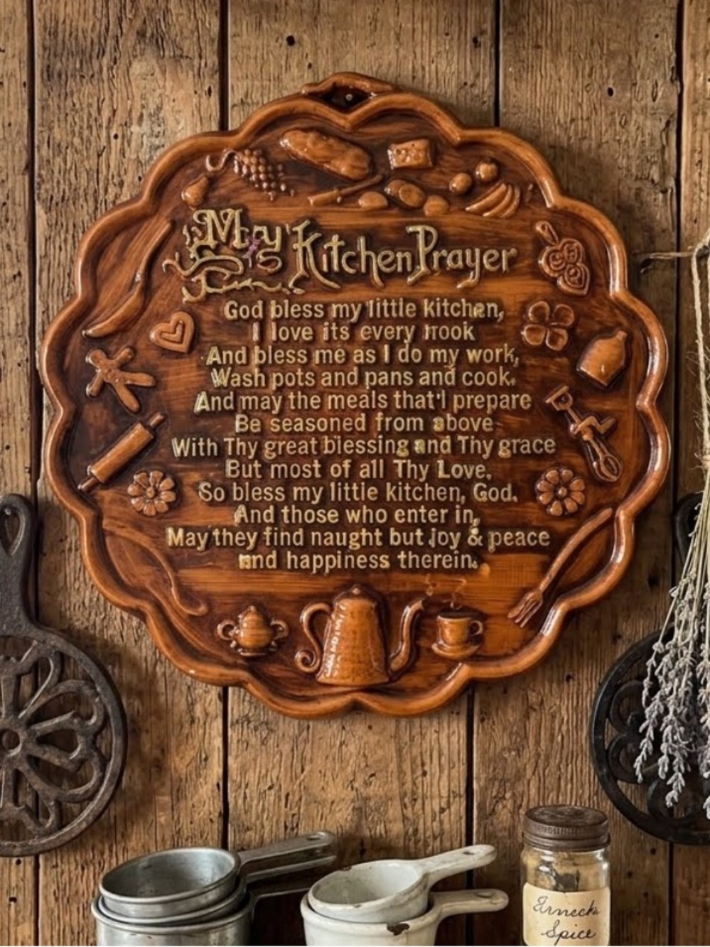 Vintage My Kitchen Prayer Wall Plaque | Faux Wood 1970s Retro Kitchen Decor